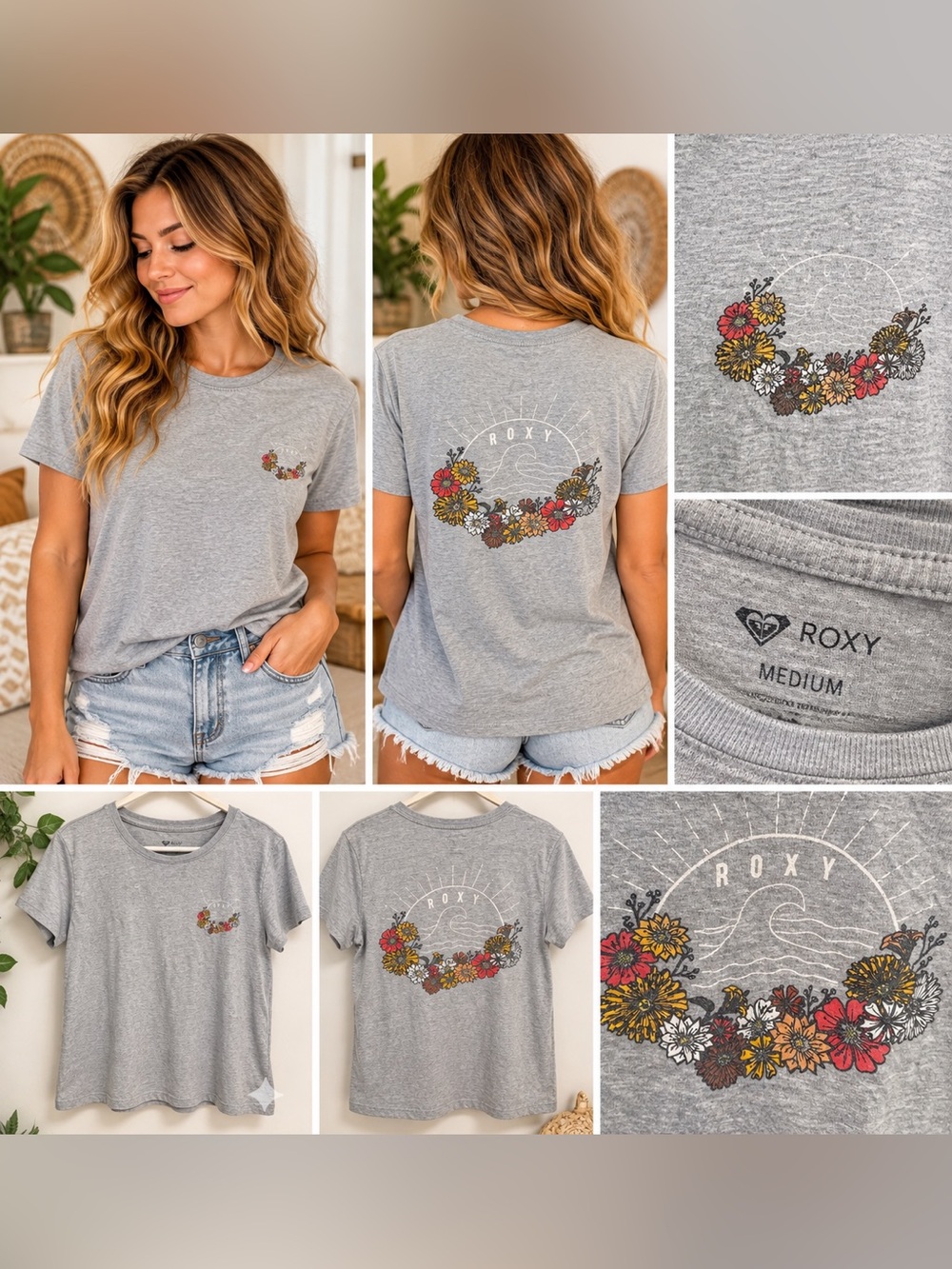 Roxy Gray Short Sleeve Tee with Floral Wave Graphic